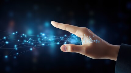 Abstract background of hands touching digital transformation virtual screen. Technology connection Dots and lines for futuristic cyber technology and network connection