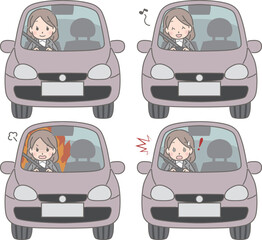 車を運転する若い女性の色々な表情