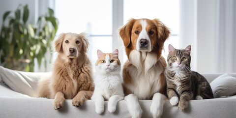 Cute cats and dogs sit together on a white sofa. Two cats and two dogs close-up. Pets