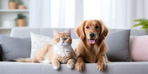 A small dog and cat are sitting together on the sofa, close-up. Generative AI