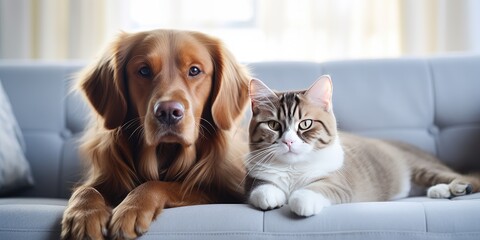 A small dog and cat are sitting together on the sofa, close-up. Generative AI