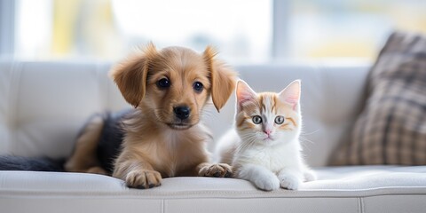 A small red puppy and a white-red kitten on a light sofa in an apartment, close-up. Pets. - obrazy, fototapety, plakaty