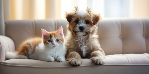 Small puppy and kitten on a gray sofa, close-up. Generative AI