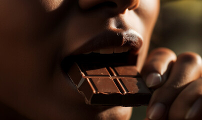 Beautiful young woman eating dark chocolate. close up of mouth,lips and teeth. Beauty model girl enjoying her chocolate bar, close eyes. Pretty brunette female biting chocolate bar over brown  - obrazy, fototapety, plakaty