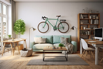 Scandinavian urban living design: Functional furniture, fold-out wooden table, wall storage. Green plants, teal cushions. Wall-mounted bike rack with vintage bicycle; Copenhagen flat style - obrazy, fototapety, plakaty