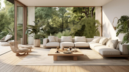 Scandinavian living room blending indoors with outdoors. Glass sliding door to wooden deck, beige sofa, wooden table, woven cushions. Enhanced with large indoor plants and hanging ferns