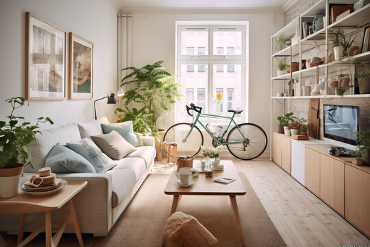 Fototapeta Scandinavian urban living design: Functional furniture, fold-out wooden table, wall storage. Green plants, teal cushions. Wall-mounted bike rack with vintage bicycle  Copenhagen flat style