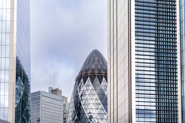 Daytime view of the Gherkin and skyscrapers of the city of London