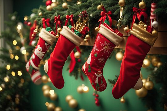 hanging red christmas stockings filled with gifts. ai generative