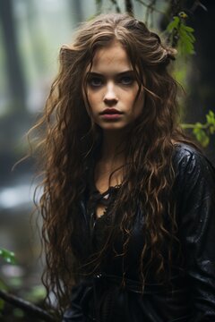 Young woman in a spooky forest setting, portraying a wicked enchantress or forest witch, Generative AI