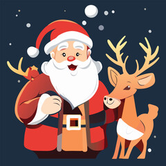 Santa and Reindeer as Gift Givers for Kids on Christmas. Vector