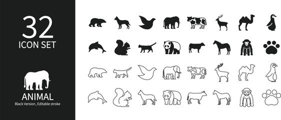 Black and white silhouette set of various animals