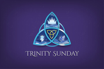 Trinity Sunday Banner. Religious trinity, crown, Jesus, holy spirit, dove. Blue metallic trinity symbol. Observed on the first Sunday after Pentecost. Vector Illustration. 