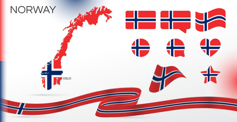 Norway flags set. Various designs. Map and capital city. World flags. Vector set. Circle icon. Template for independence day. Collection of national symbols. Ribbon with the colors of the flag. Oslo