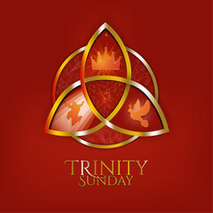 Gold Trinity Sunday symbol poster. Observed on the first Sunday after Pentecost. Religious trinity, crown, Jesus, holy spirit, dove. Golden trinity knot with golden ring. Vector Illustration.  - obrazy, fototapety, plakaty