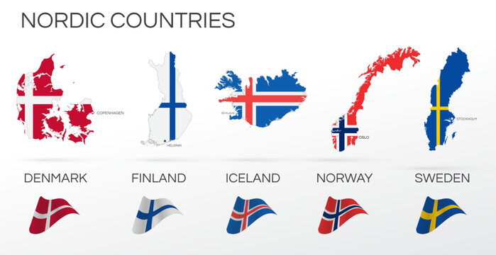 Nordic countries flags set. Various designs. Map and capital city. Template for independence day. Collection of national symbols. Iceland, Sweden, Finland, Norway, Denmark. Scandinavia