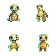 set of cute turtle watercolor illustrations for printing on baby clothes, sticker, postcards, baby showers, games and books, safari jungle animals vector