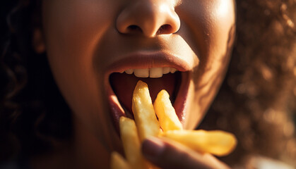 Mouth of young woman eating french fries. Cheat meal concept. Pretty woman eats french fries containing much calories being fast food lover has mouth full of chips - obrazy, fototapety, plakaty