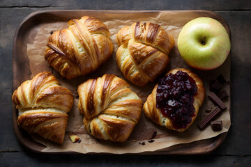 Croissants with jam chocolate and apple sweet pastry's top view.
