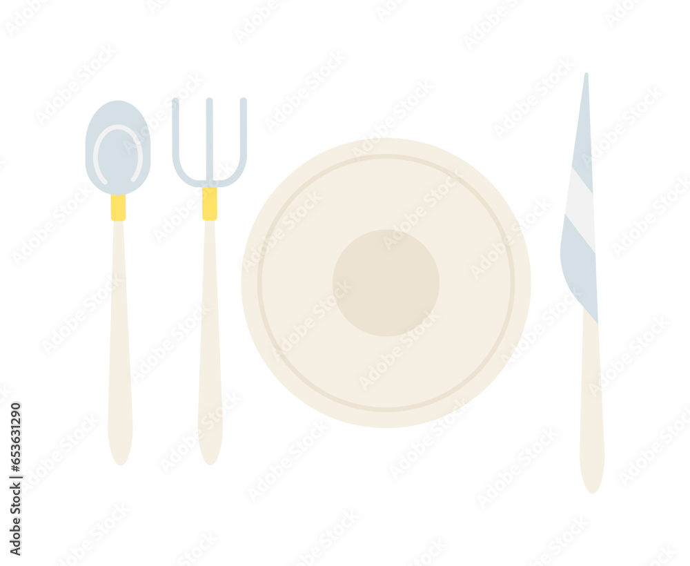 Poster cutlery setting 2d cartoon object. banquet flatware isolated vector item white background. fork knif