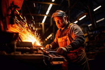 Foundry worker at his workplace in a metallurgical company - obrazy, fototapety, plakaty