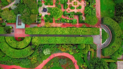 Bird-eye aerial over colorful Chicago Botanic Garden, horticultural oasis nestled in the heart of Glencoe, Illinois, just a short drive from the bustling city of Chicago. Plants and gardening concept.