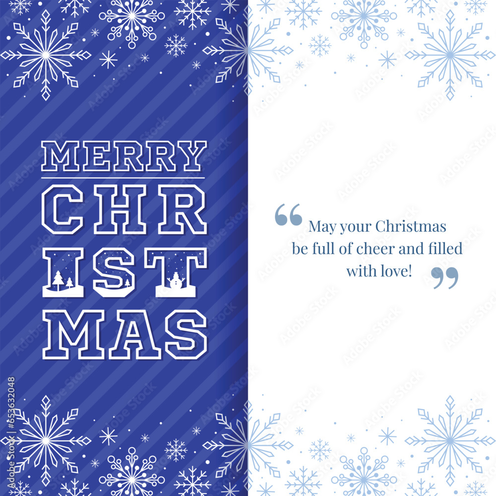 Poster christmas greeting card - white line christmas text with snow fall and snowman pine tree on floor on