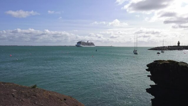 Dunmore East Harbour Waterford cruise liner moored at high tide autumn day