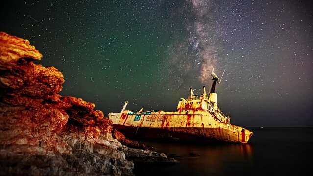 Timelapse shot of star movement over shipwreck along rocky cliff at night time.