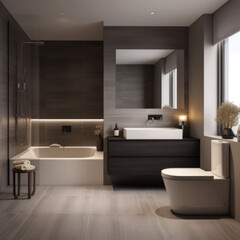 Fototapeta na wymiar Design a sophisticated and serene washroom interior with a minimalist aesthetic. The space should be windowless, emphasizing simplicity and elegance. Incorporate a white sink with sleek silver fixture