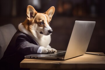 cute funny welsh corgi Pembroke dog working on laptop. Animals acting like humans concept.