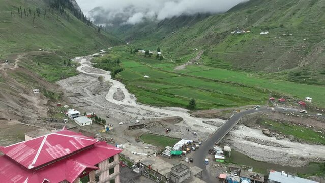Accending reveal drone shot of beautiful green valley in Naran Batakundi Northen region of Pakistan