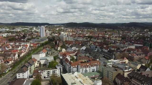 flying over east side and old city of Kaiserslautern, Germany. Aerial cityscape