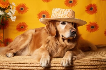 happy golden retriever dog in straw hat on yellow background in summer. Travel agency ad.