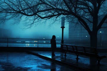 person in the rain in urban cityscape in the dark. Blue Monday concept. Most depressing day in year. 