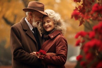 Obraz premium Senior couple dancing at autumn park. Elegant elderly man and woman enjoying life being romantic. Bank retirement program poster.