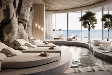 Fotobehang spa hotel interior on the beach scandinavian minimal style with panoramic windows © Dina