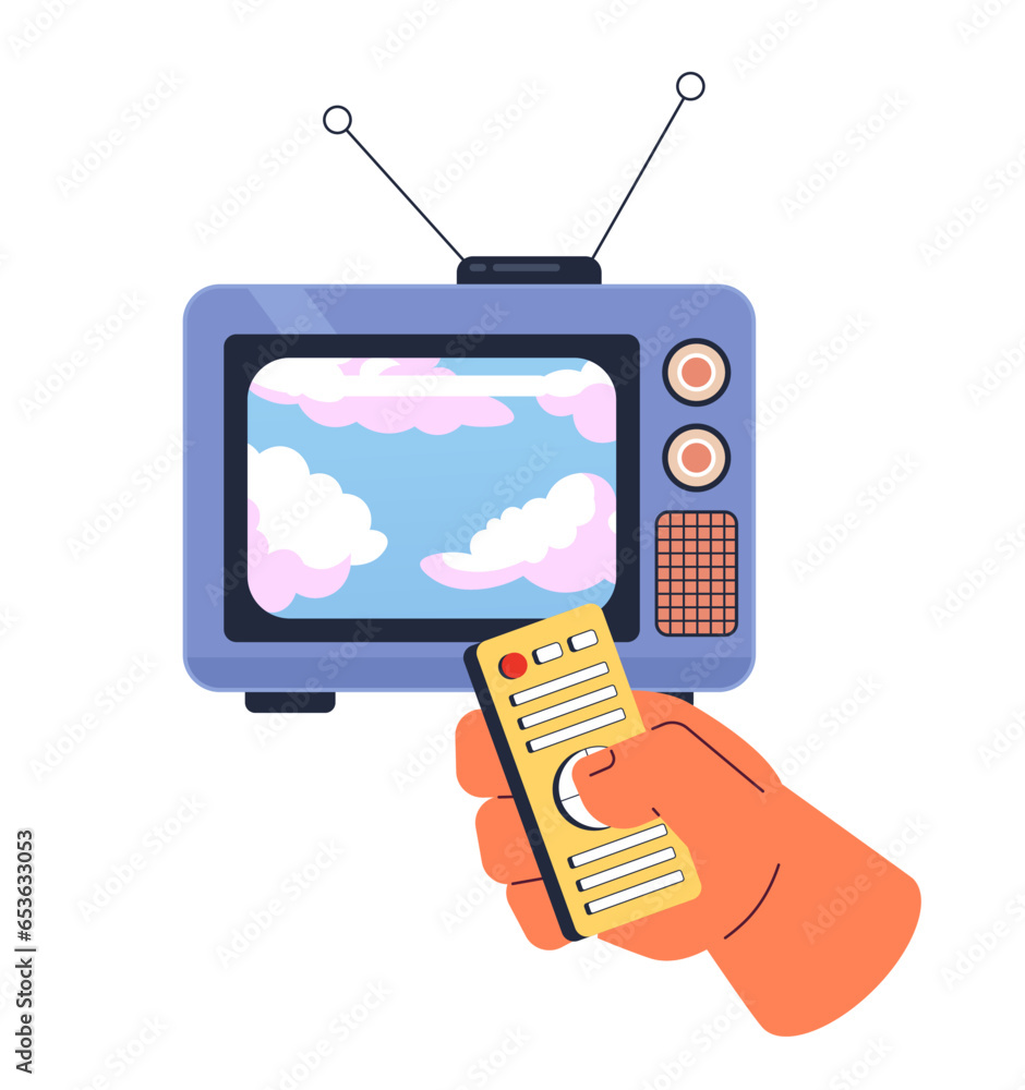 Aufkleber dreamy clouds on old television 2d illustration concept. changing program with clicker isolated cart