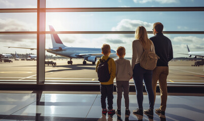 family at airport terminal looking at planes through a window - family traveling concept - obrazy, fototapety, plakaty
