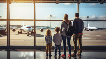 family at airport terminal looking at planes through a window - family traveling concept - obrazy, fototapety, plakaty