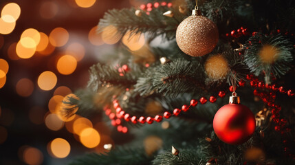 Close up decorated Christmas tree on blurred background. Happy New Year banner.