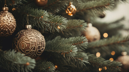 Close up decorated Christmas tree on blurred background. Happy New Year banner.