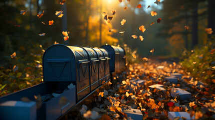 A close-up of a train traveling through a forest filled with leaves in the fall.