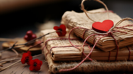 A close-up of a stack of books with a red heart on top of them.