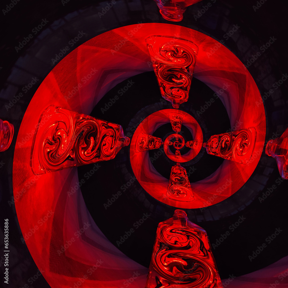 Poster vivid red spiral pattern and design on a black background