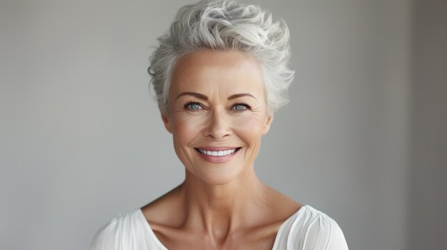 Woman in her sixties seventies, elderly elder older beautiful woman with gray hair is laughing and smiling, mature old woman with healthy face ans skin and white teeth