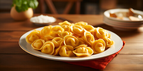 Close up of fresh cooked tortellini ravioli on white plate, wooden table in the kitchen