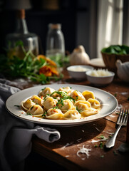 Close up of fresh cooked tortellini ravioli on white plate, wooden table and dark blurred background - obrazy, fototapety, plakaty