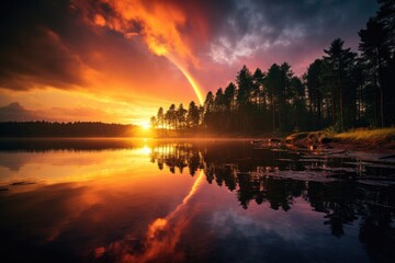 Fototapeta na wymiar Bright color illustration - beautiful landscape early morning on a lake in the autumn forest, dawn, sunrise or sunset