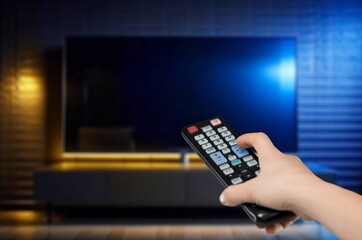 Person turns on TV set with remote control, AI generated image